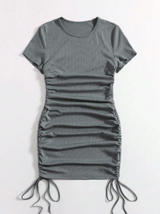 Solid Drawstring Ruched Side Bodycon Dress