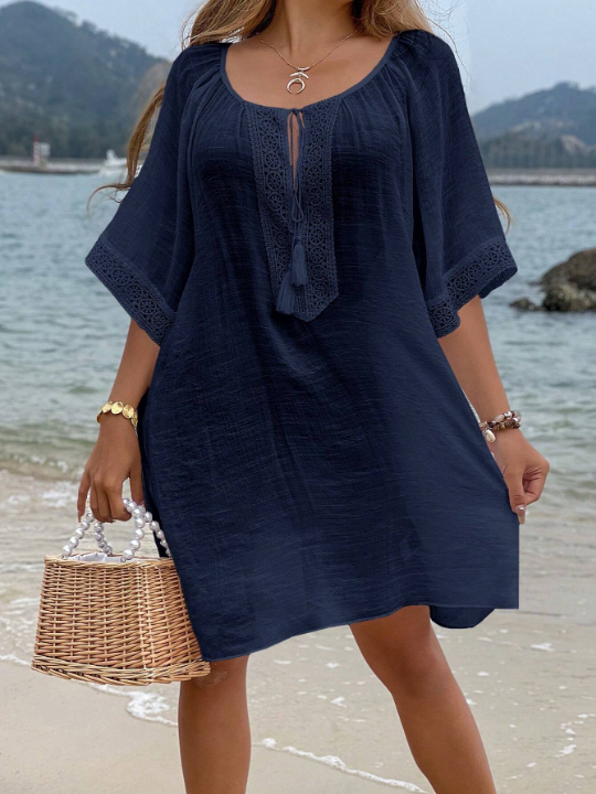 VCAY Tassel Tie Neck Batwing Sleeve Cover Up Dress