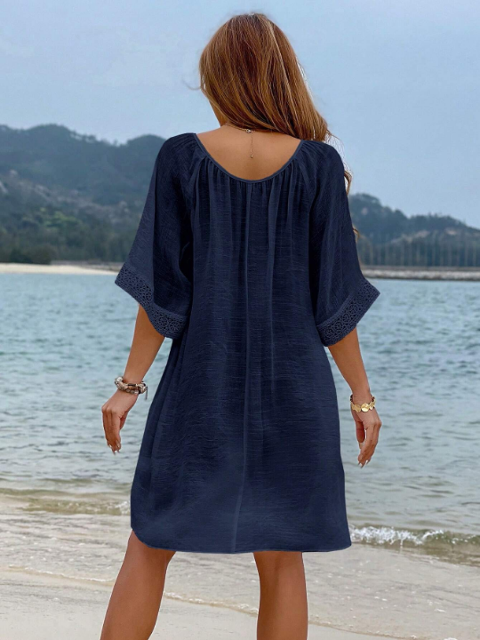 VCAY Tassel Tie Neck Batwing Sleeve Cover Up Dress