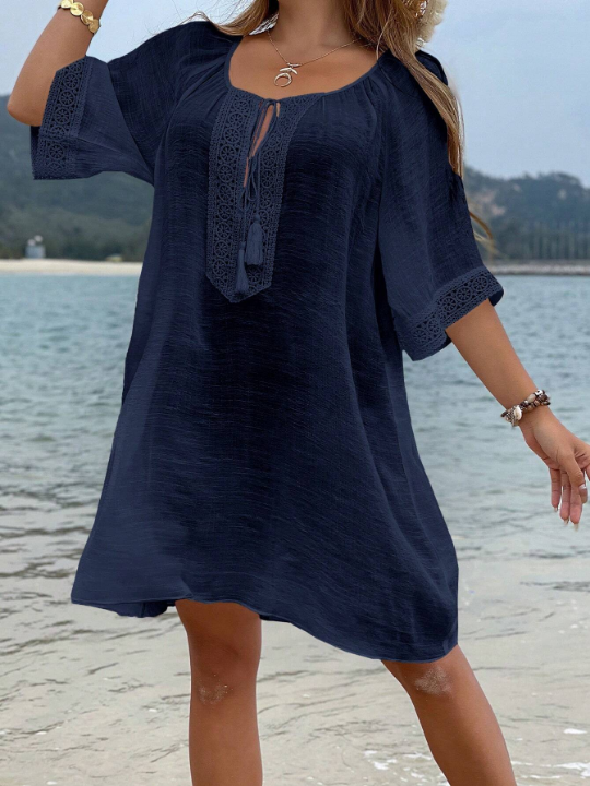 VCAY Tassel Tie Neck Batwing Sleeve Cover Up Dress