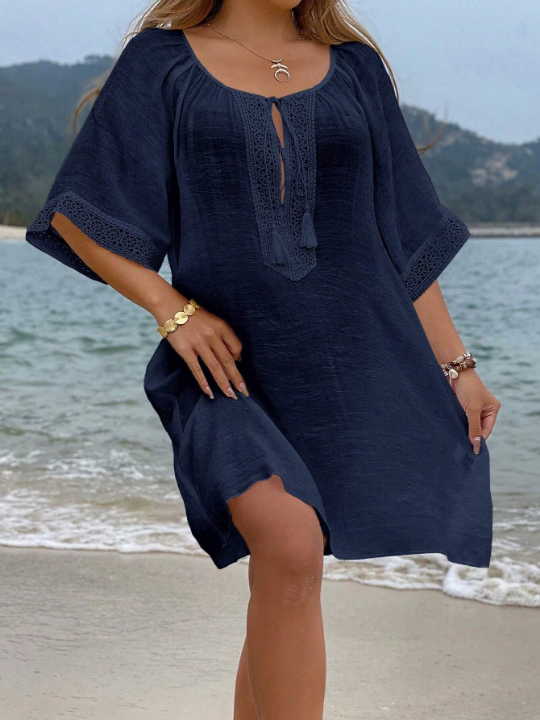 VCAY Tassel Tie Neck Batwing Sleeve Cover Up Dress