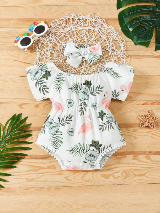 Baby Girl Tropical Print Guipure Lace Trim Bodysuit & Headband