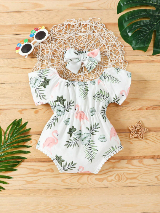 Baby Girl Tropical Print Guipure Lace Trim Bodysuit & Headband