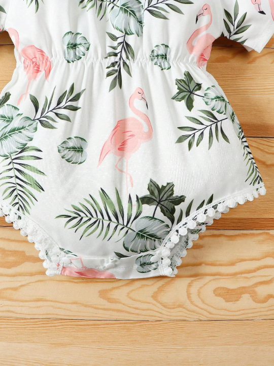 Baby Girl Tropical Print Guipure Lace Trim Bodysuit & Headband