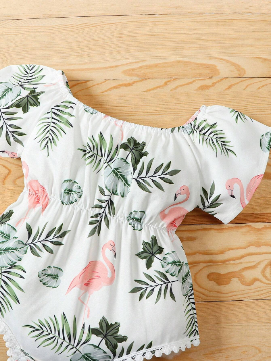 Baby Girl Tropical Print Guipure Lace Trim Bodysuit & Headband