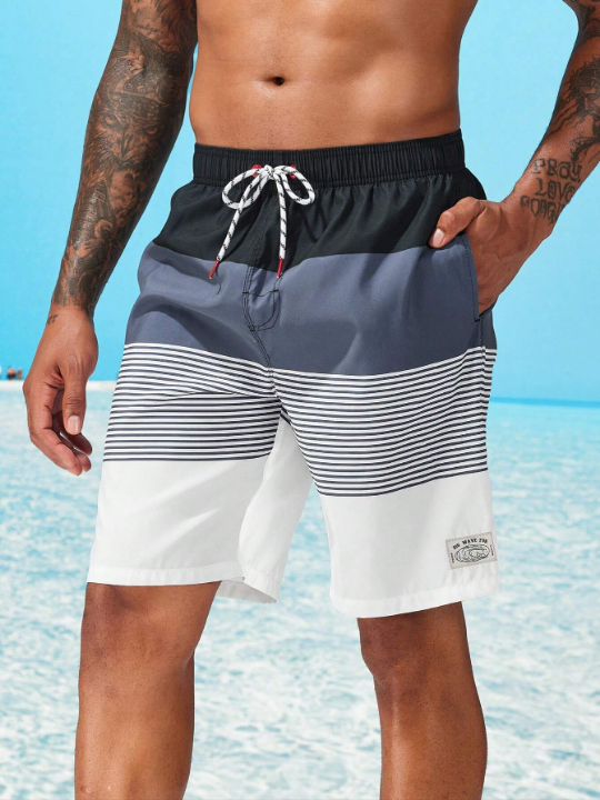 Manfinity Swimmode Men Letter Patched Cut And Sew Swim Trunks