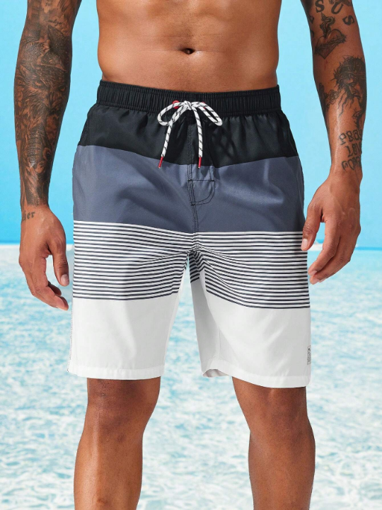 Manfinity Swimmode Men Letter Patched Cut And Sew Swim Trunks