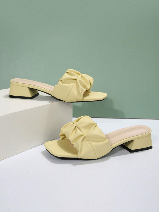 Fashion Yellow Sandals For Women, Ruched Detail Chunky Heeled Mule Sandals