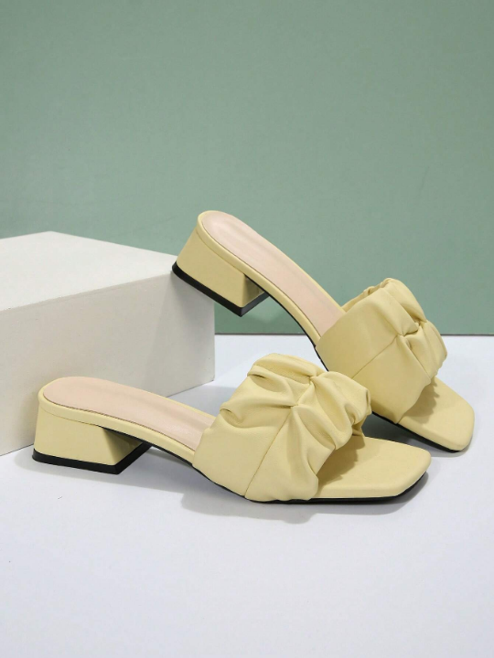 Fashion Yellow Sandals For Women, Ruched Detail Chunky Heeled Mule Sandals