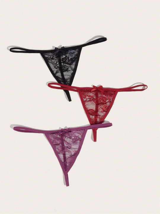 Classic Sexy 3pack Floral Lace Bow Front Thong