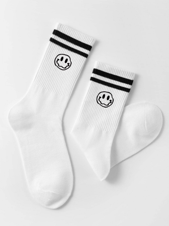 1 Pair Men Expression & Striped Pattern Casual Crew Socks For Daily Life