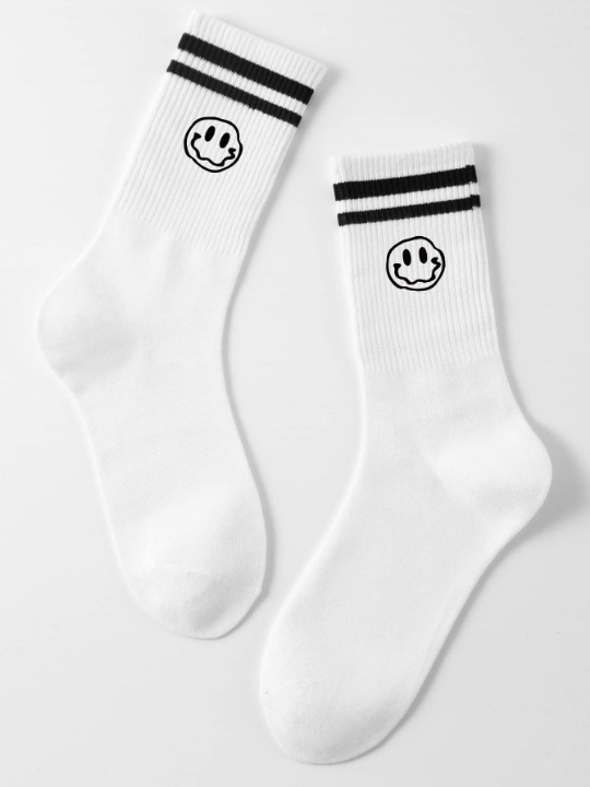 1 Pair Men Expression & Striped Pattern Casual Crew Socks For Daily Life