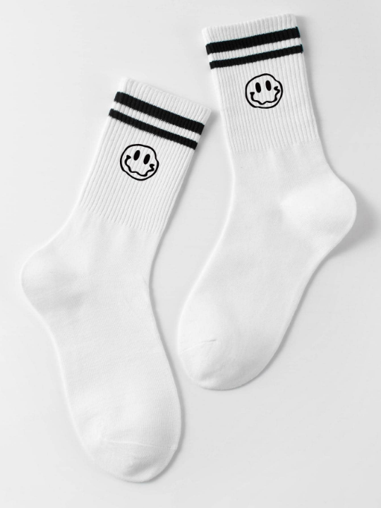 1 Pair Men Expression & Striped Pattern Casual Crew Socks For Daily Life