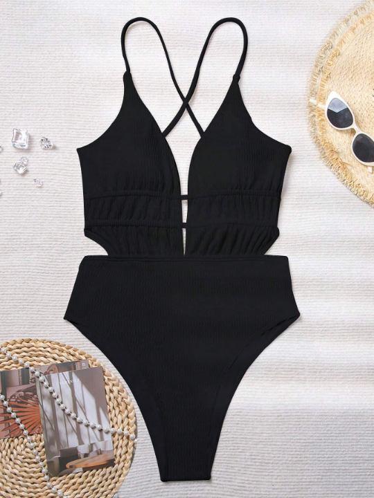 Plain Plunging One Piece Swimsuit