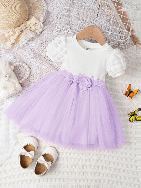 Baby Girl Two Tone Appliques Contrast Mesh Puff Sleeve Dress