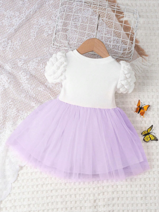 Baby Girl Two Tone Appliques Contrast Mesh Puff Sleeve Dress