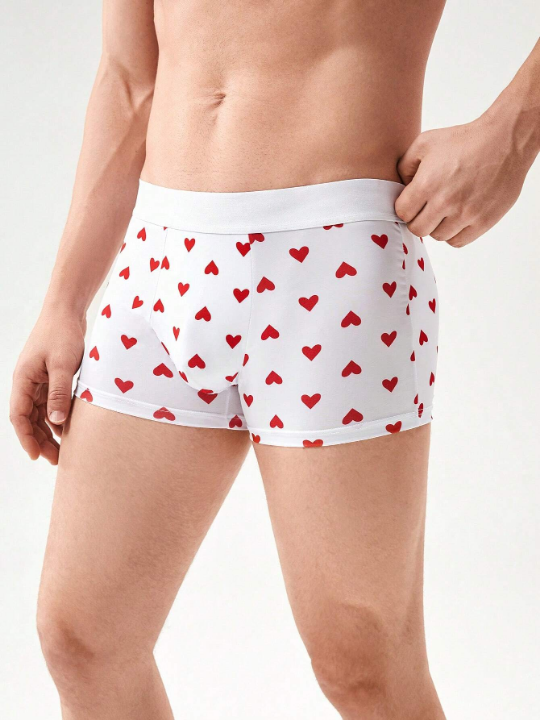 Men 1pc Heart Print Contrast Tape Boxer Brief