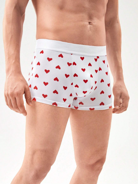 Men 1pc Heart Print Contrast Tape Boxer Brief