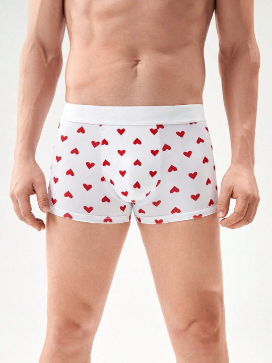 Men 1pc Heart Print Contrast Tape Boxer Brief