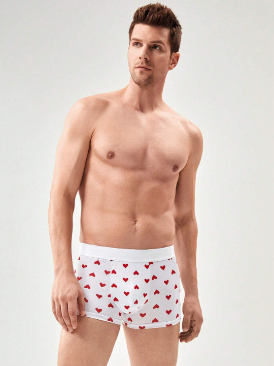 Men 1pc Heart Print Contrast Tape Boxer Brief