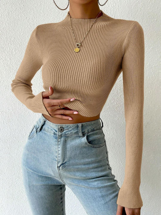 Essnce Mock Neck Ribbed Knit Crop Sweater