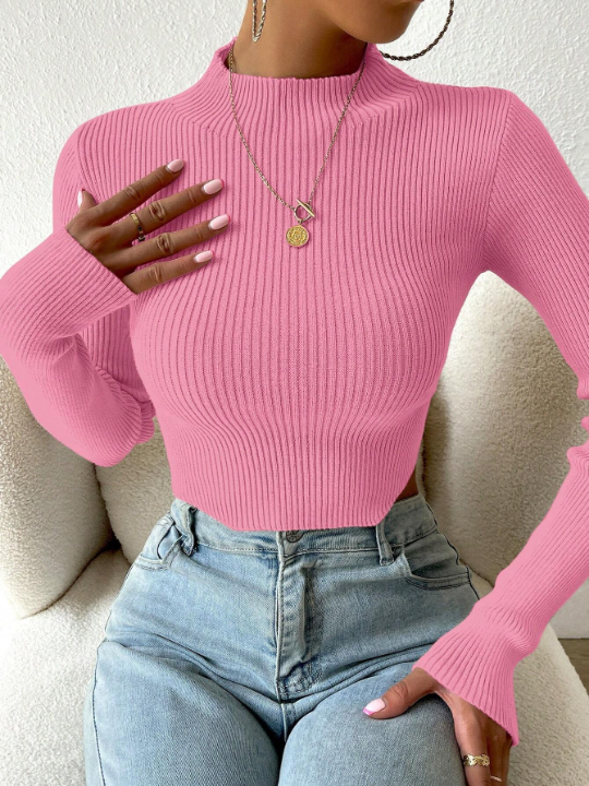 Essnce Mock Neck Ribbed Knit Crop Sweater