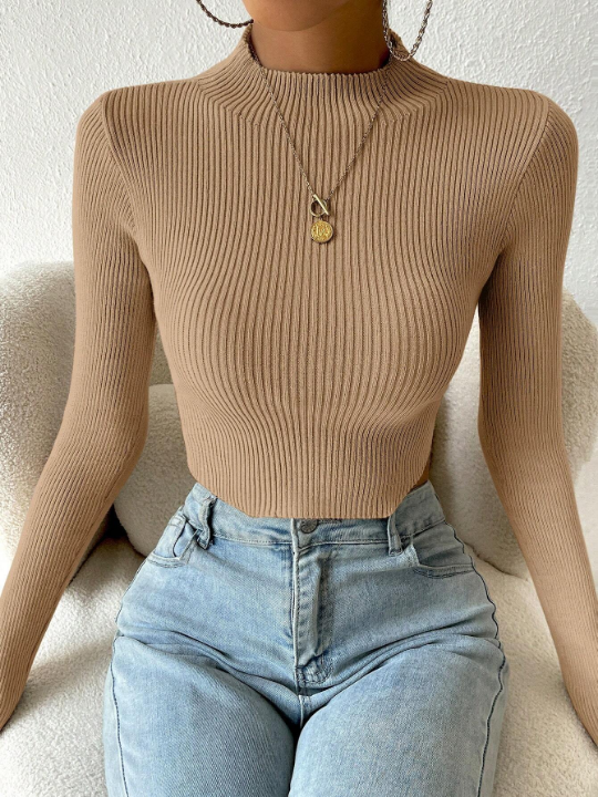 Essnce Mock Neck Ribbed Knit Crop Sweater