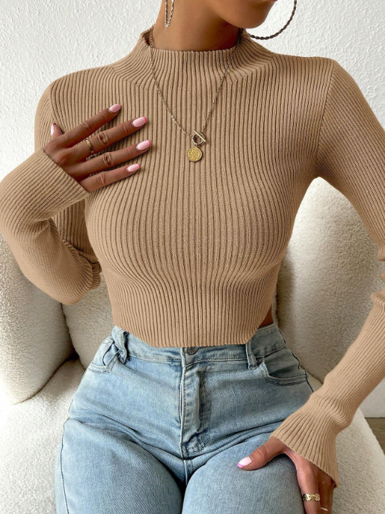 Essnce Mock Neck Ribbed Knit Crop Sweater