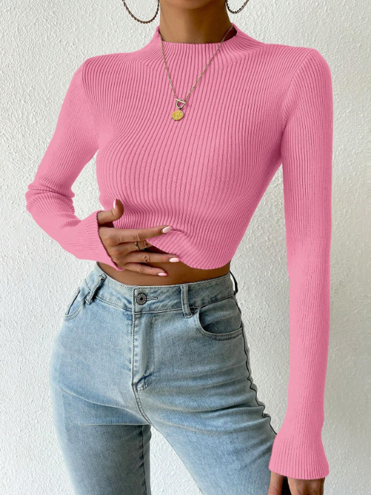 Essnce Mock Neck Ribbed Knit Crop Sweater