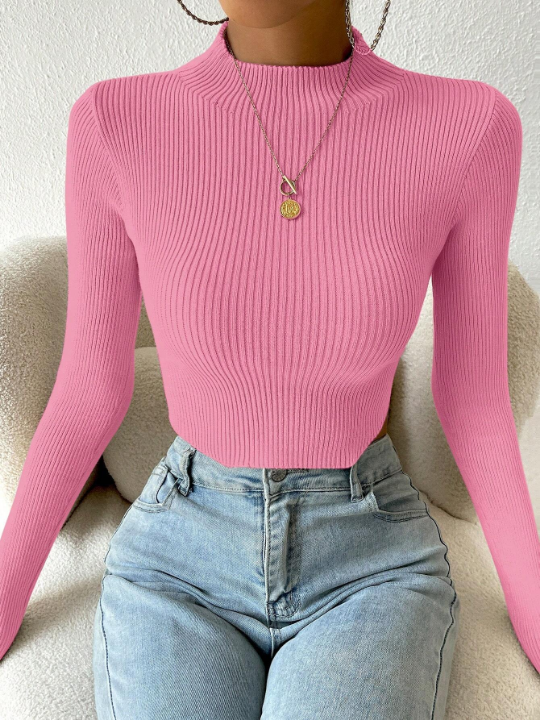 Essnce Mock Neck Ribbed Knit Crop Sweater