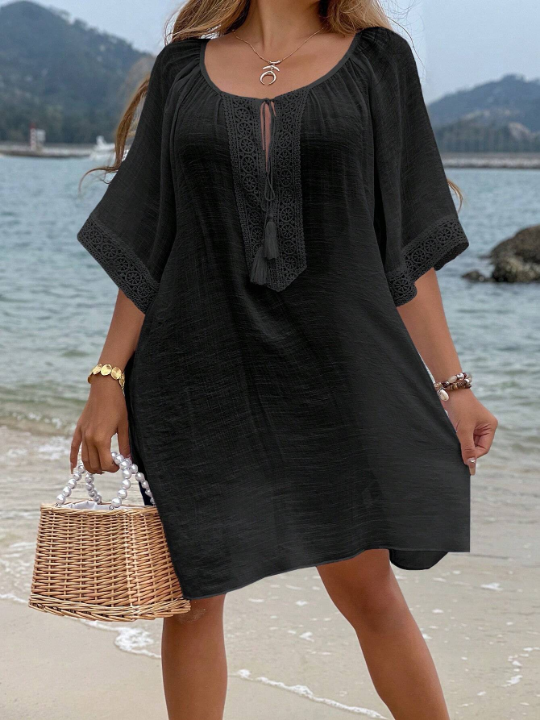 VCAY Tassel Tie Neck Raglan Sleeve Cover Up Dress