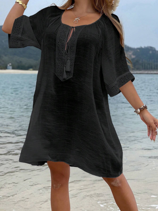 VCAY Tassel Tie Neck Raglan Sleeve Cover Up Dress