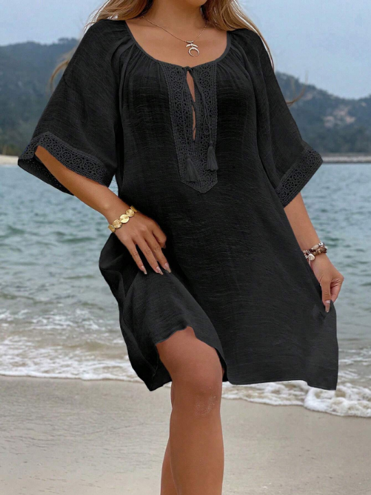 VCAY Tassel Tie Neck Raglan Sleeve Cover Up Dress