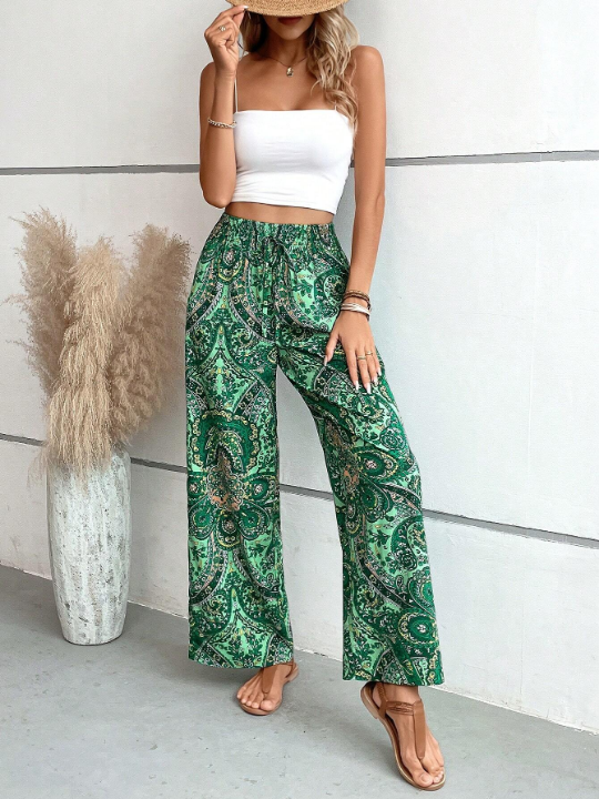 VCAY Paisley Print Tie Front Wide Leg Pants