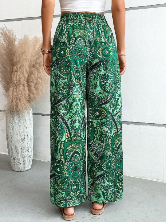 VCAY Paisley Print Tie Front Wide Leg Pants