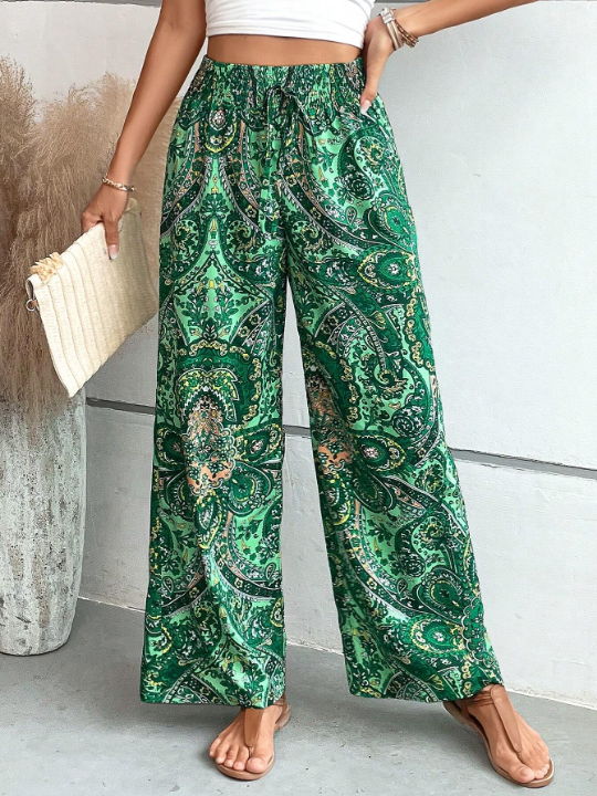 VCAY Paisley Print Tie Front Wide Leg Pants