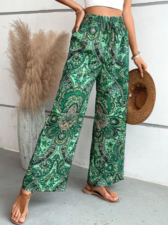 VCAY Paisley Print Tie Front Wide Leg Pants