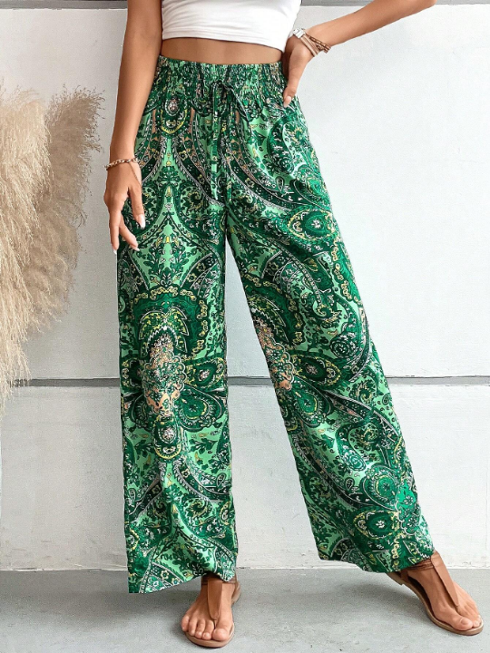 VCAY Paisley Print Tie Front Wide Leg Pants