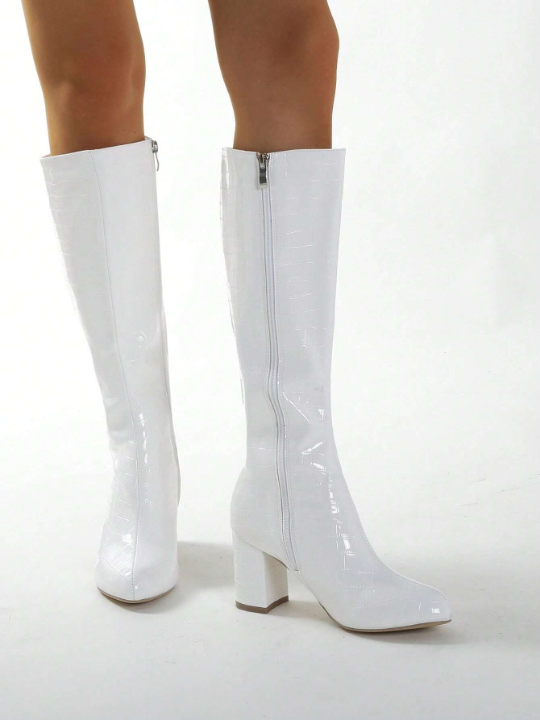 Elegant White Boots For Women, Crocodile Embossed Side Zipper Chunky Heeled Boots