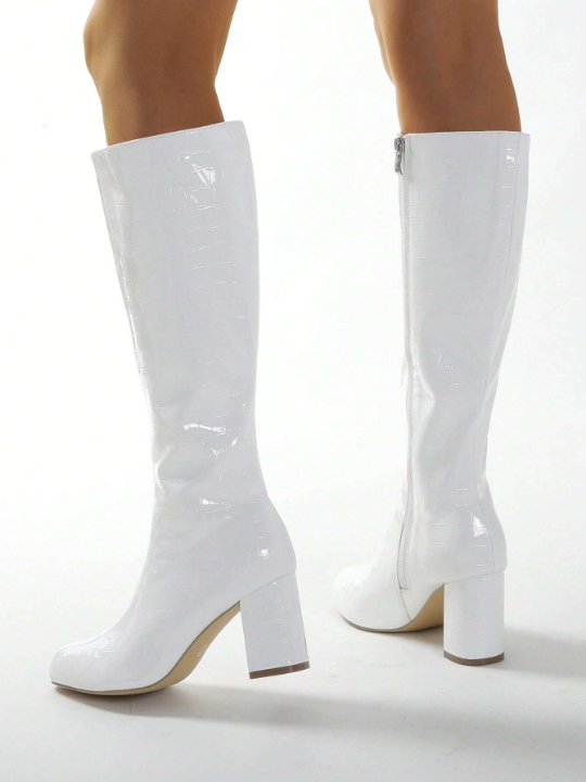 Elegant White Boots For Women, Crocodile Embossed Side Zipper Chunky Heeled Boots