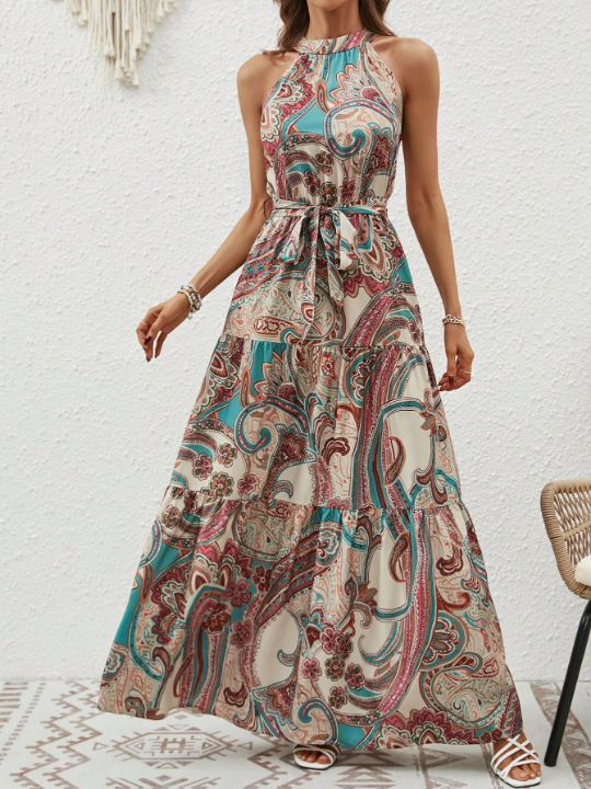 LUNE Paisley Print Belted Halter Dress