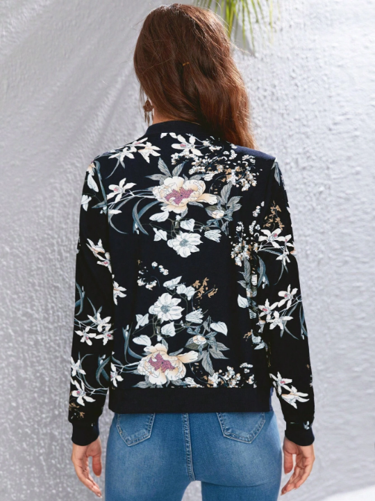 Floral Print Zip Up Bomber Jacket