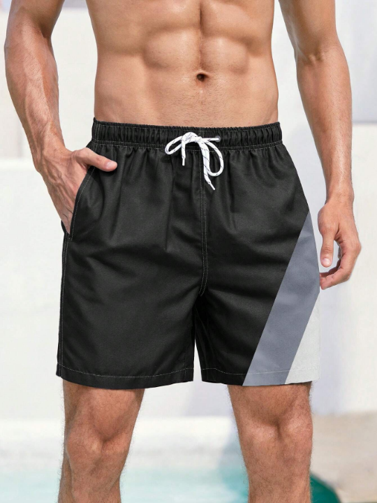 Manfinity Men Contrast Panel Drawstring Waist Swim Trunks