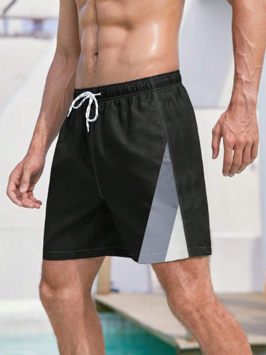 Manfinity Men Contrast Panel Drawstring Waist Swim Trunks