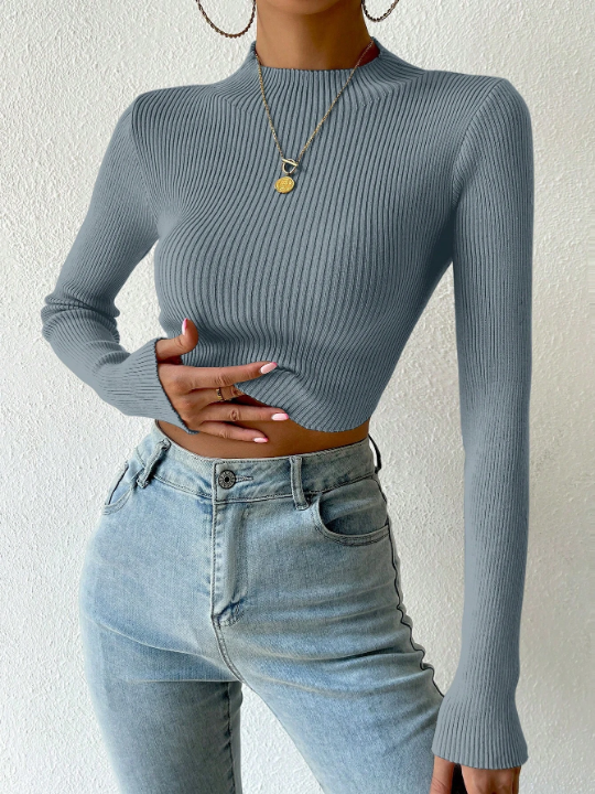 Essnce Mock Neck Ribbed Knit Crop Sweater