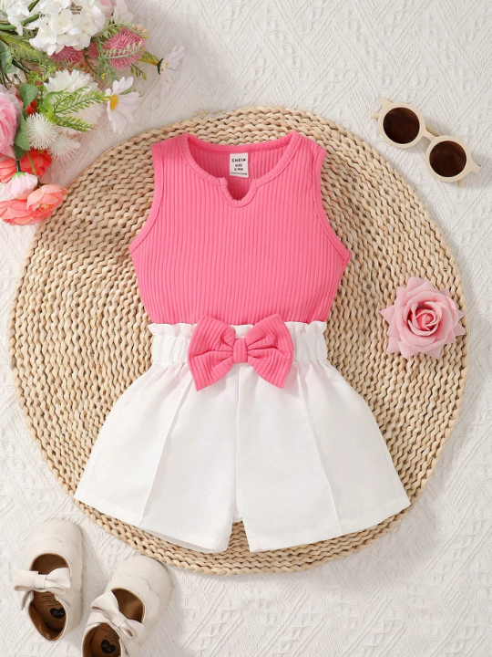 Baby Girl Notched Neck Tank Top & Paperbag Waist Bow Front Shorts