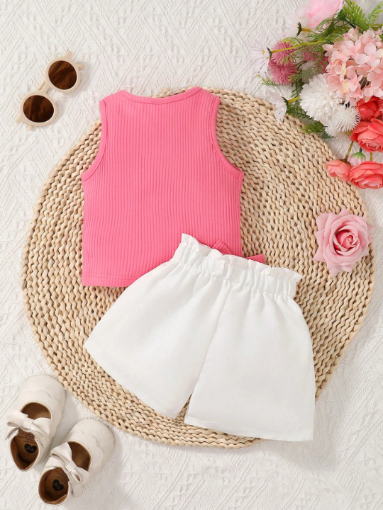 Baby Girl Notched Neck Tank Top & Paperbag Waist Bow Front Shorts