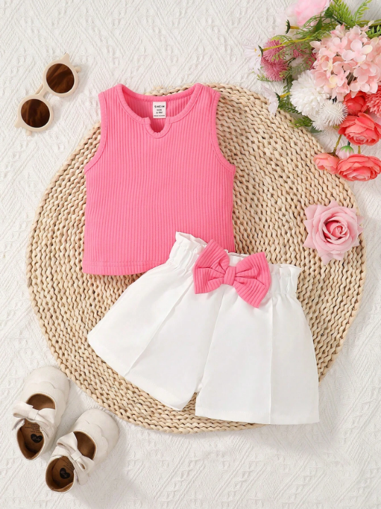 Baby Girl Notched Neck Tank Top & Paperbag Waist Bow Front Shorts