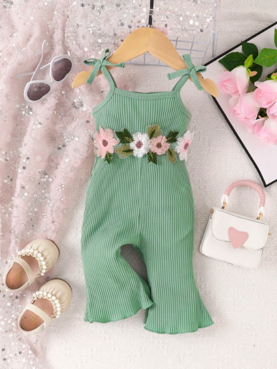 Baby Girl Floral Appliques Lettuce Trim Flare Leg Cami Jumpsuit