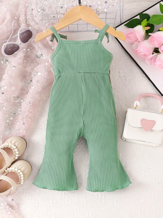 Baby Girl Floral Appliques Lettuce Trim Flare Leg Cami Jumpsuit